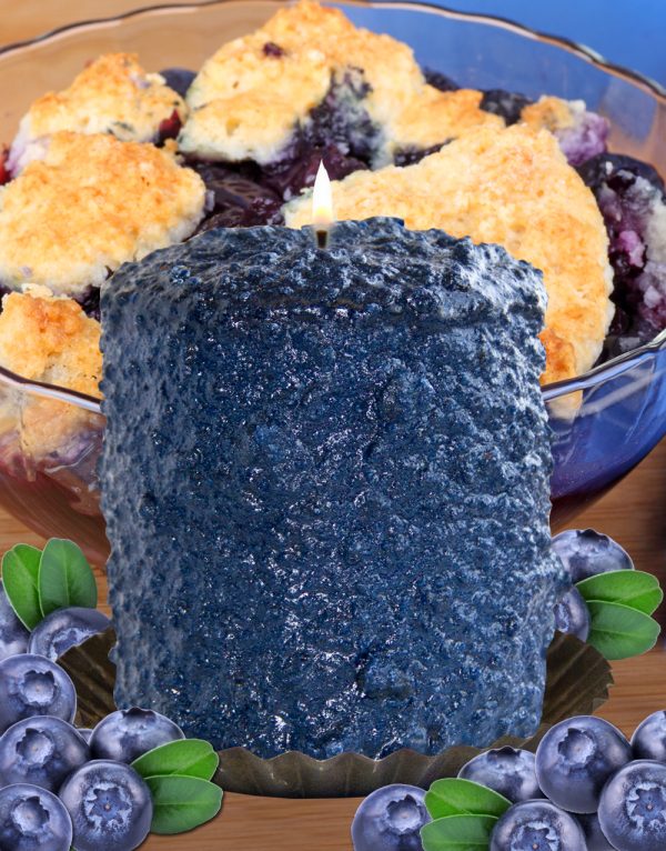 Blueberry Cobbler Hearth Candle on Background of Blueberry Cobbler and blueberries