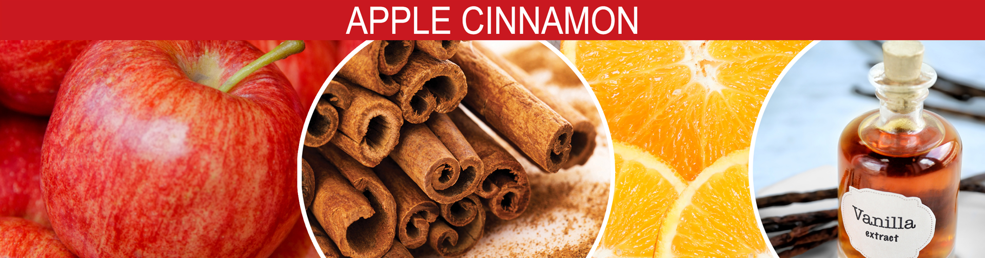 Apple Cinnamon – Banner Image of a crispy sweet red apple, with cinnamon bark and clove bud with fresh citrus notes of orange and mandarin.