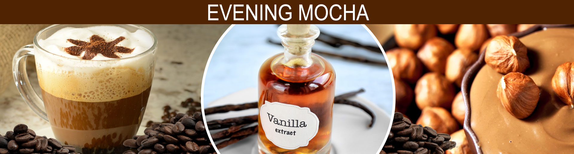 Banner image of Warm milk & coffee surrounded by caramel, chocolate, vanilla & hazelnut.
