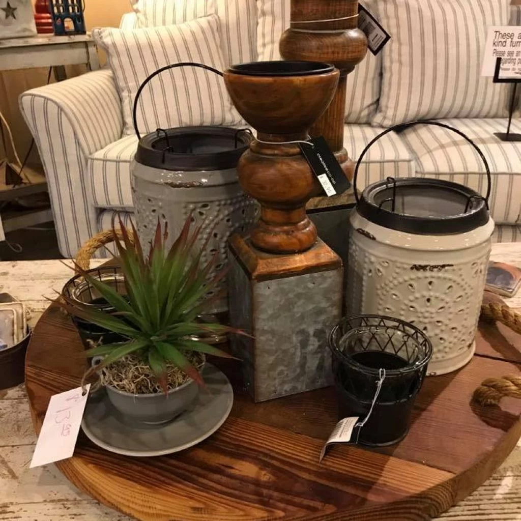 Table with decorations, couch in background