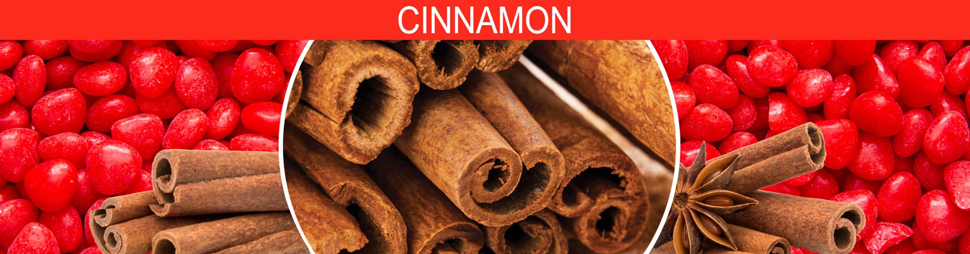 Banner Image of red hot cinnamon candy. Strong cinnamon fragrance, perfect for fall.