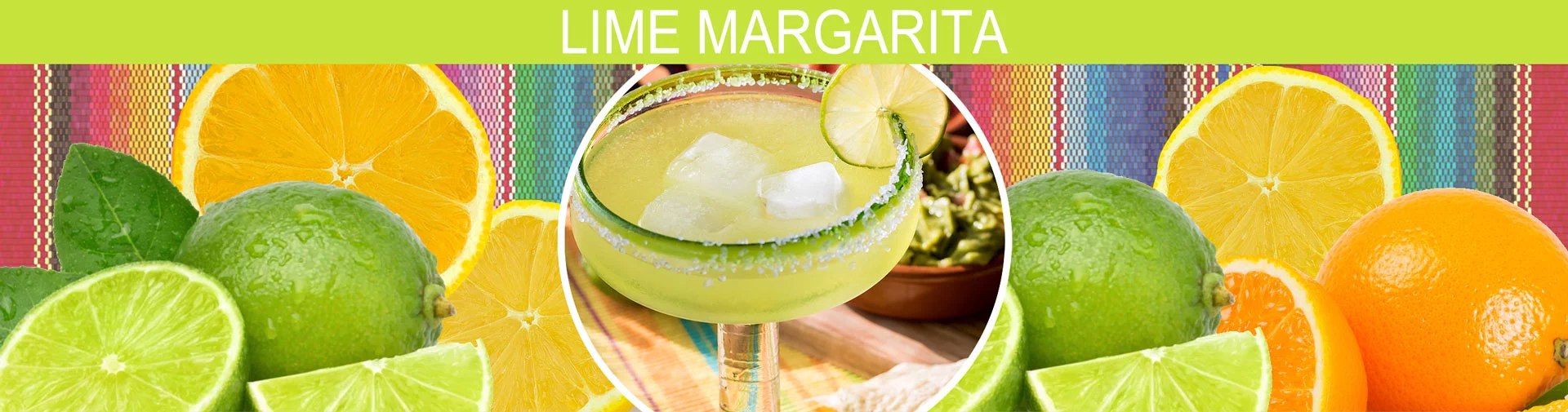 Banner image of lime margarita with oranges and limes.