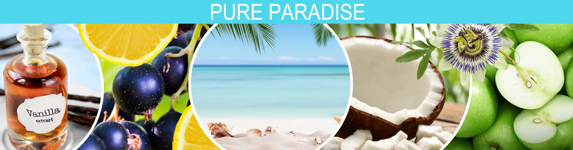 Banner image of Pure Paradise, green apple, fresh lemon, passion flower, coconut, blackcurrant, vanilla