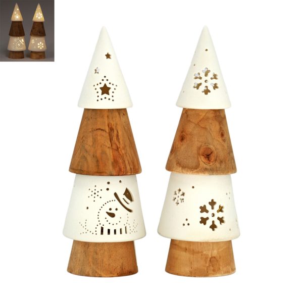 Lighted White and Natural Wood Christmas Trees