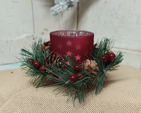 Glass Tea Light Holder with Deco Wreath