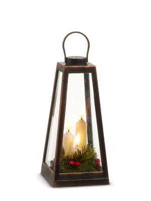 Distressed Lantern With Candles And Greenery