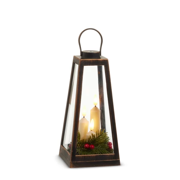 Distressed Lantern With Candles And Greenery