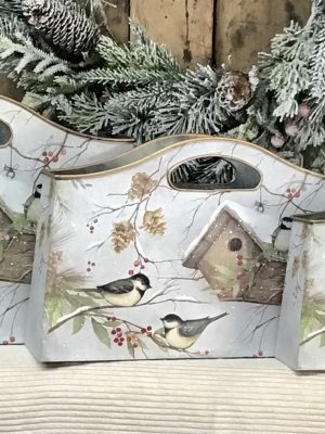 Metal Holiday Chickadee Buckets with Handles Assorted