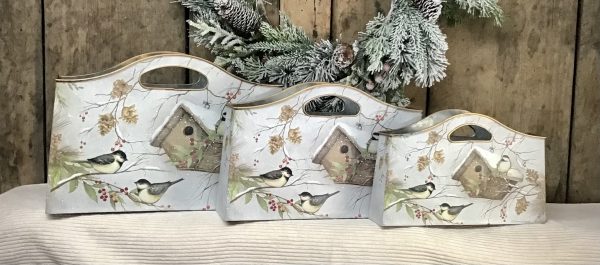 Metal Holiday Chickadee Buckets with Handles Assorted