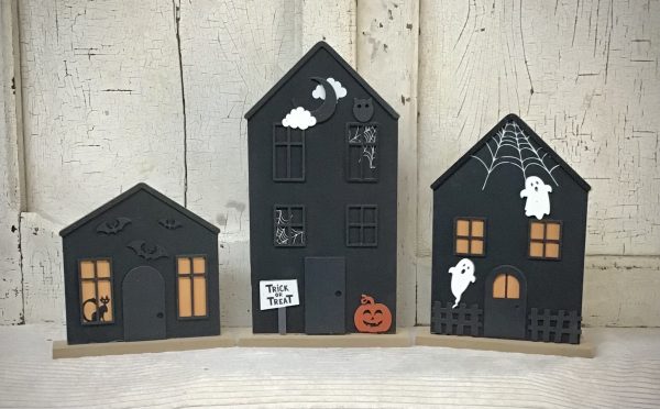 Reversible Halloween and Christmas Wood Houses Set